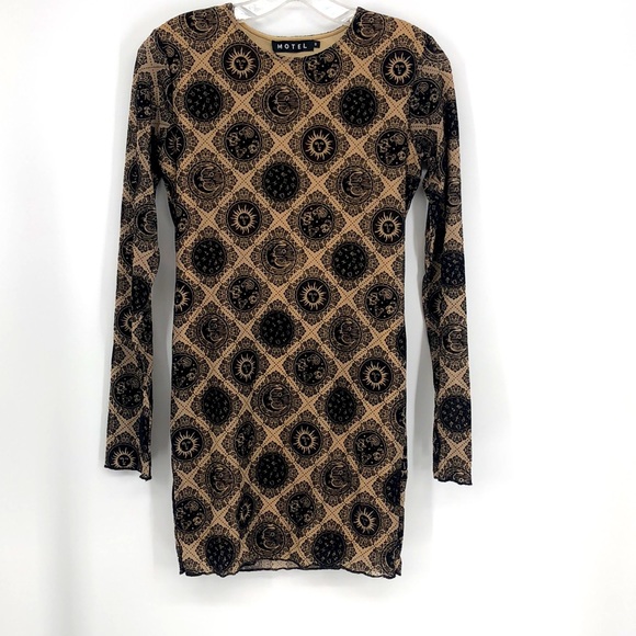 Motel Rocks Wyanna  Mini Dress Taupe net with black sign flock-Small-NWT - Picture 5 of 11
